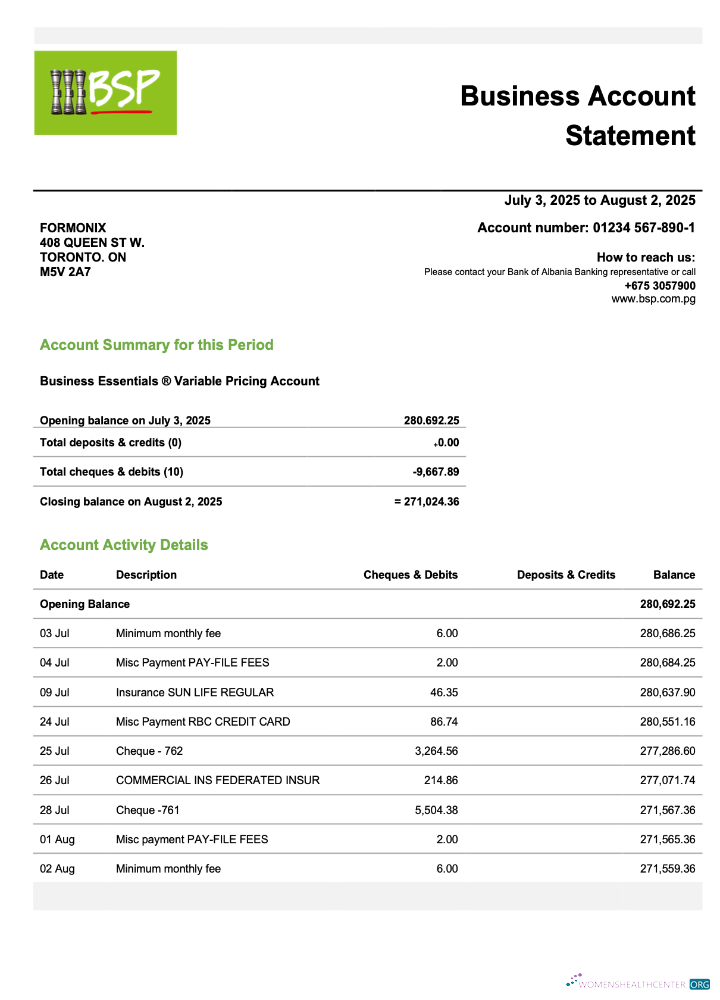 Download Papua New Guinea BSP firm checking account statement Word and PDF template Photoshop template